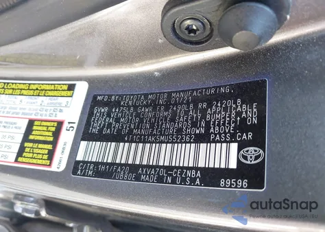 2021 Toyota Camry Le from USA, damaged, VIN 4T1C11AK5MU552362